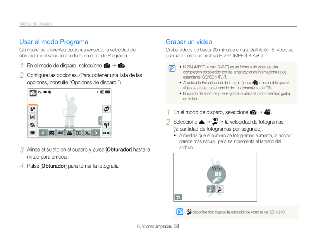 Samsung EC-ST5500BPBE1 manual Usar el modo Programa, Grabar un vídeo, En el modo de disparo, seleccione a “ p 