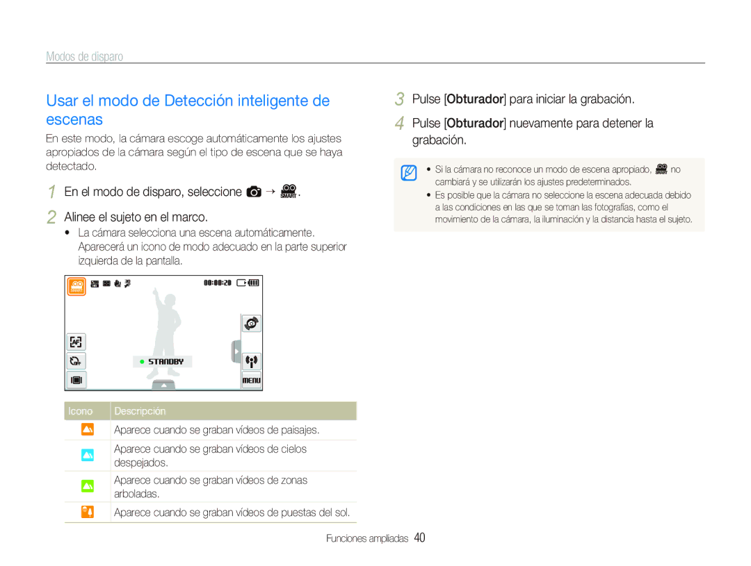 Samsung EC-ST5500BPBE1 manual Usar el modo de Detección inteligente de escenas, Icono Descripción 