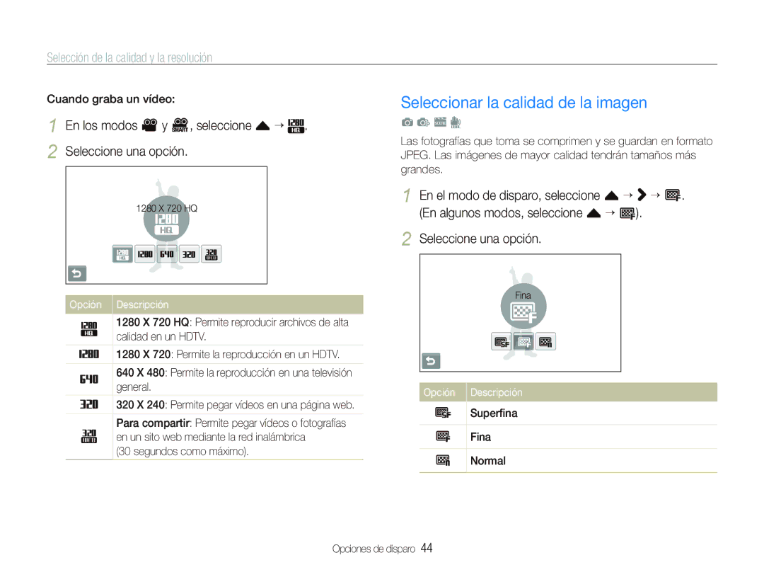 Samsung EC-ST5500BPBE1 manual Seleccionar la calidad de la imagen, Selección de la calidad y la resolución 