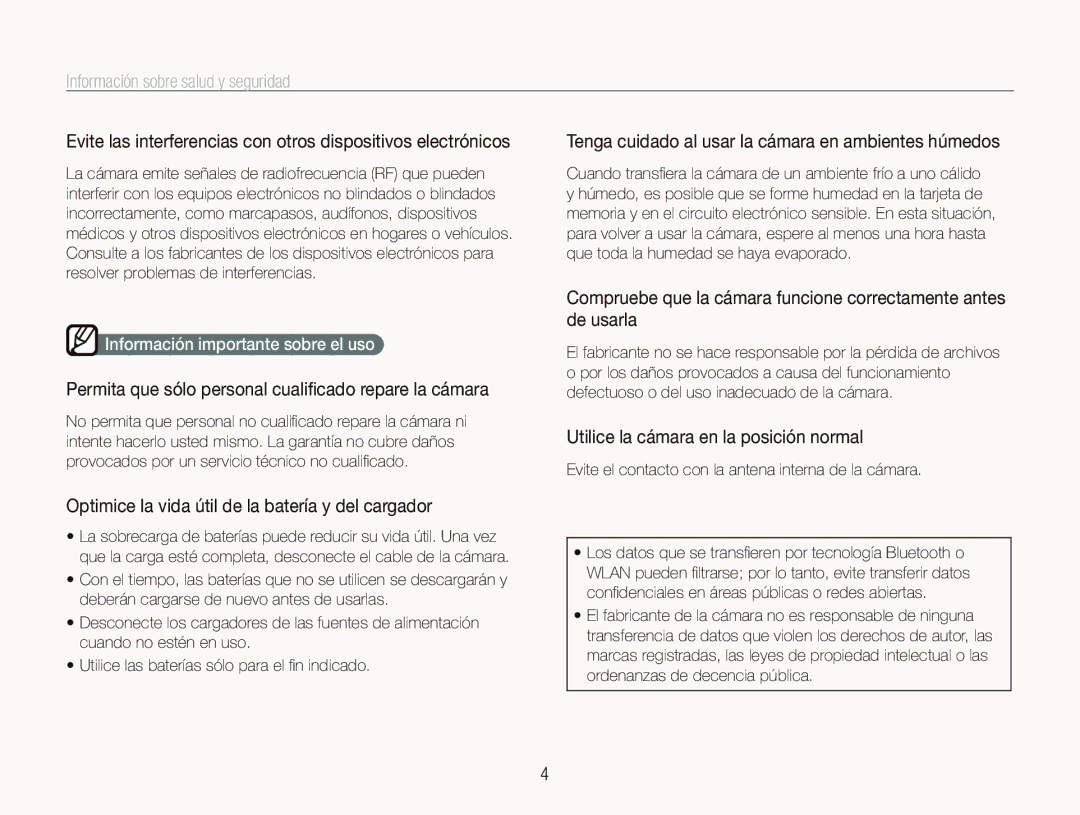 Samsung EC-ST5500BPBE1 manual Tenga cuidado al usar la cámara en ambientes húmedos, Utilice la cámara en la posición normal 