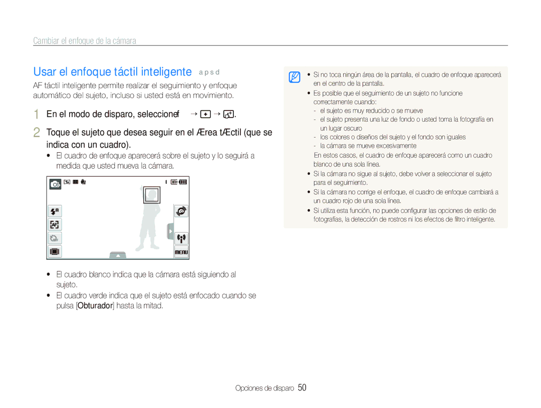 Samsung EC-ST5500BPBE1 Usar el enfoque táctil inteligente a p s d, Cambiar el enfoque de la cámara, Indica con un cuadro 