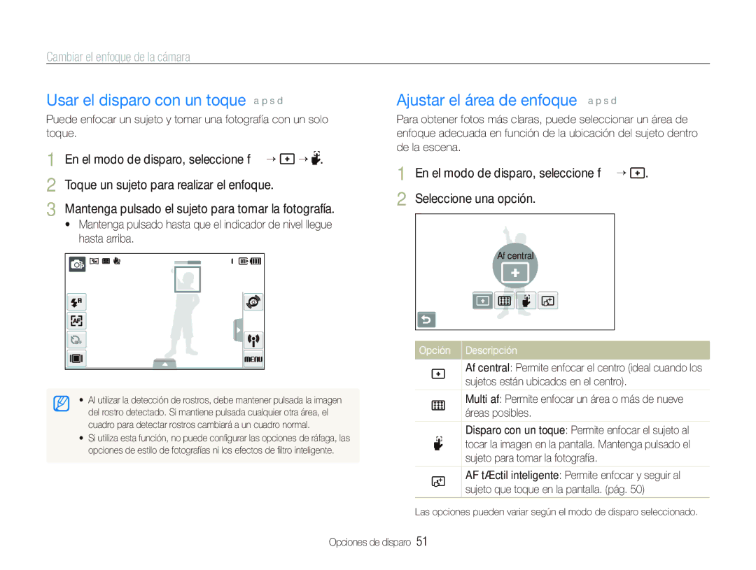 Samsung EC-ST5500BPBE1 manual Usar el disparo con un toque a p s d, Ajustar el área de enfoque a p s d 