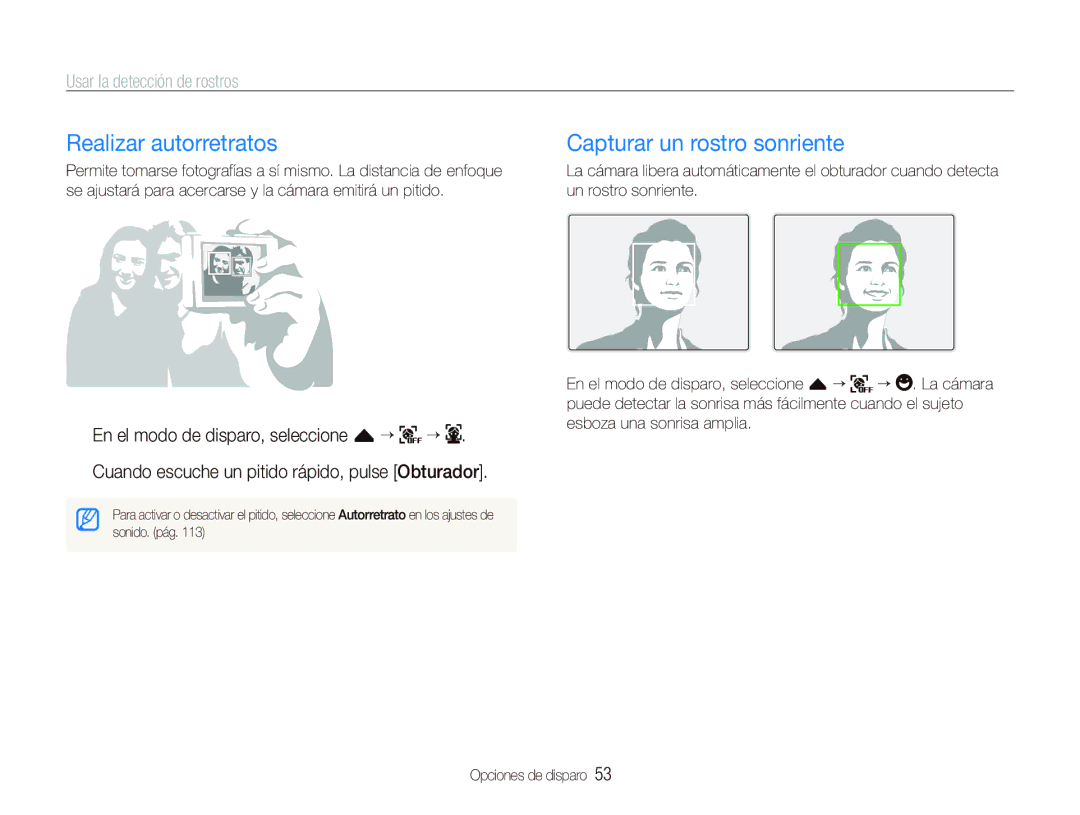 Samsung EC-ST5500BPBE1 manual Realizar autorretratos, Capturar un rostro sonriente, Usar la detección de rostros 