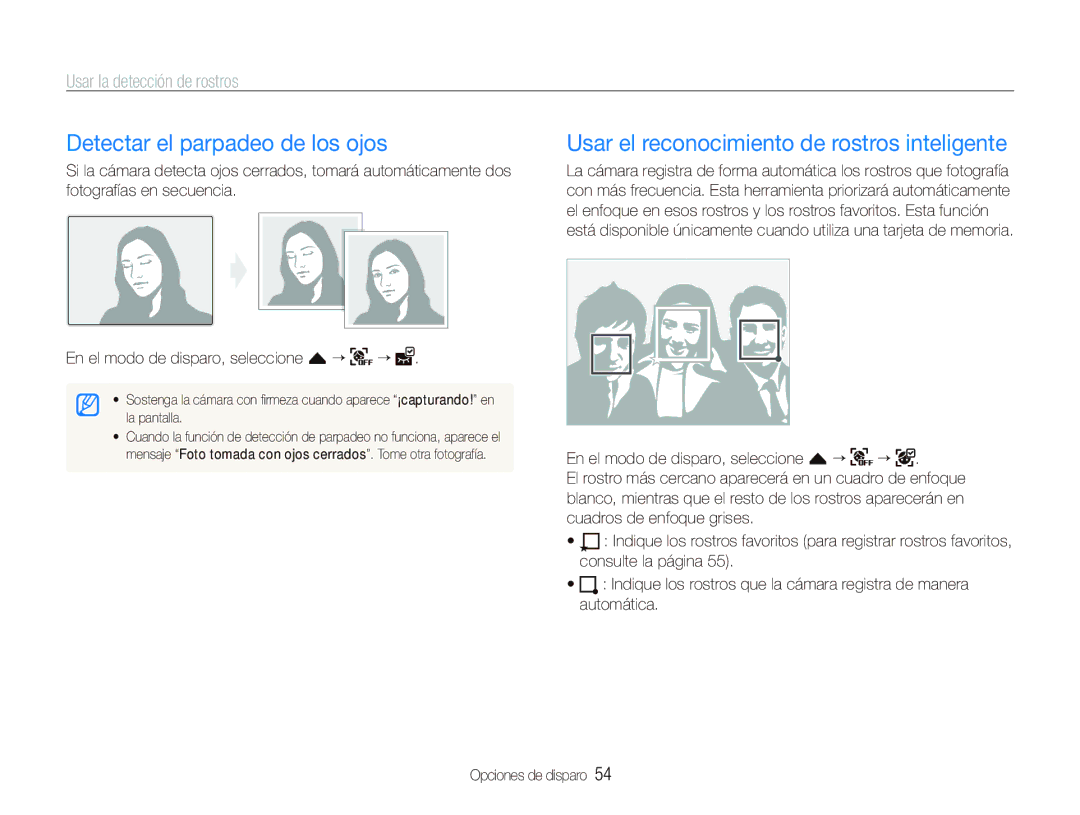 Samsung EC-ST5500BPBE1 manual Detectar el parpadeo de los ojos, Usar el reconocimiento de rostros inteligente 