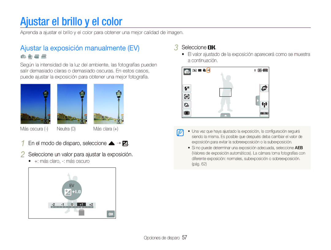 Samsung EC-ST5500BPBE1 Ajustar el brillo y el color, Ajustar la exposición manualmente EV, Más oscura Neutra 0 Más clara + 