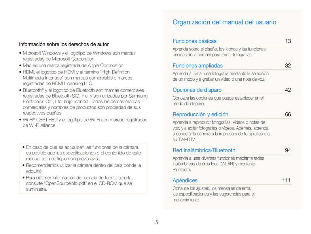 Samsung EC-ST5500BPBE1 Organización del manual del usuario, Información sobre los derechos de autor, 111 