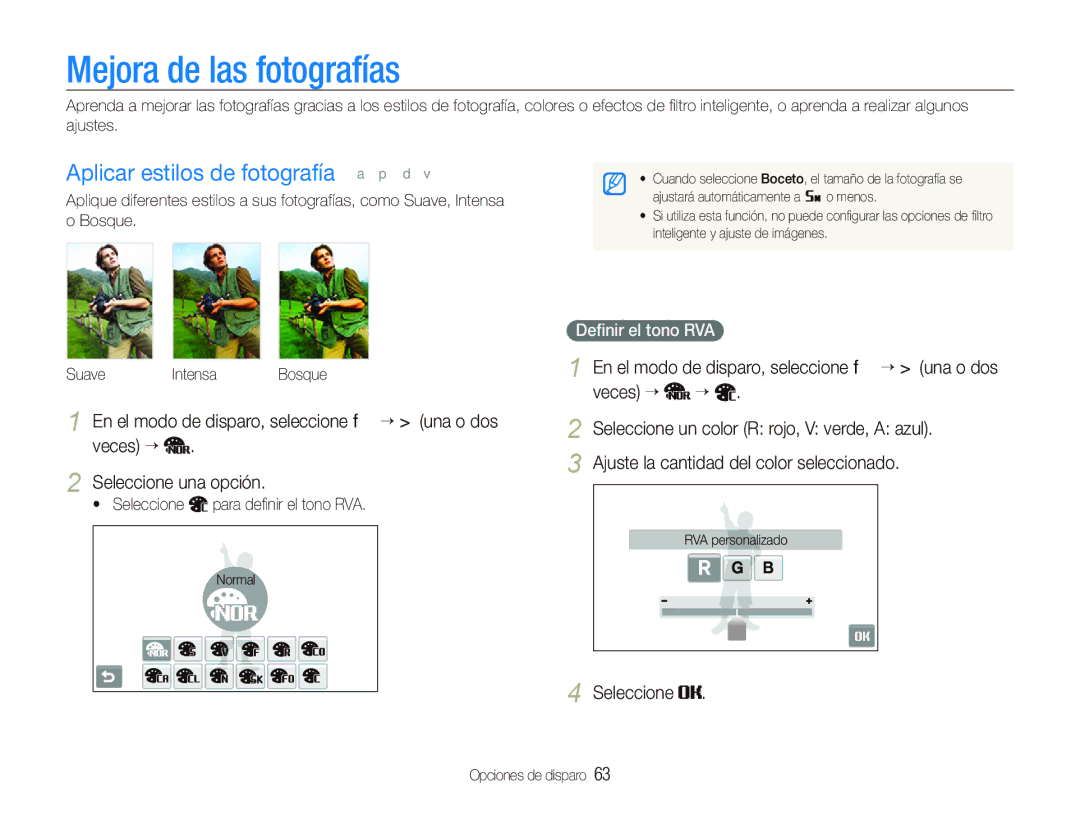 Samsung EC-ST5500BPBE1 manual Mejora de las fotografías, Aplicar estilos de fotografía a p d, Deﬁnir el tono RVA 