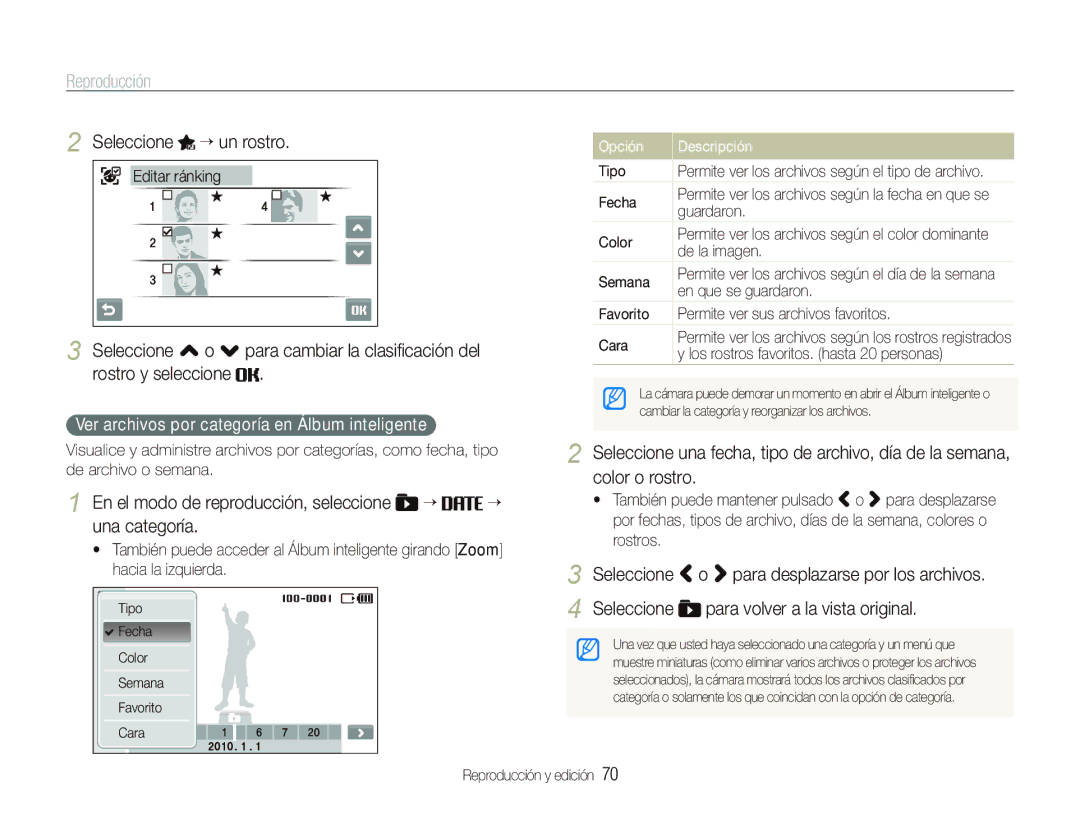 Samsung EC-ST5500BPBE1 manual Seleccione “ un rostro, En el modo de reproducción, seleccione “ “ una categoría 