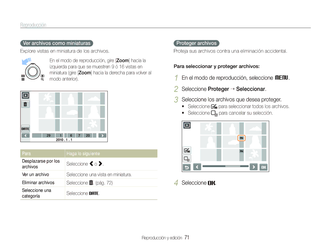 Samsung EC-ST5500BPBE1 manual Ver archivos como miniaturas, Proteger archivos, Para Haga lo siguiente 