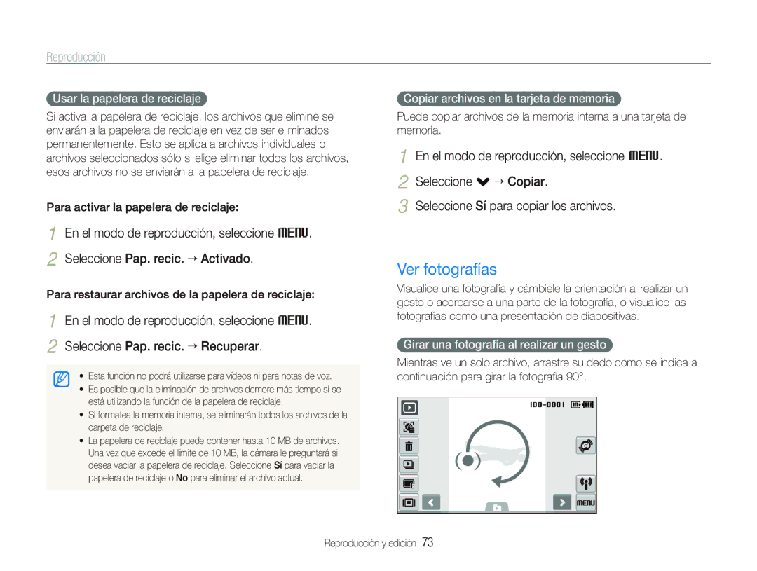 Samsung EC-ST5500BPBE1 manual Ver fotografías, Usar la papelera de reciclaje, Copiar archivos en la tarjeta de memoria 