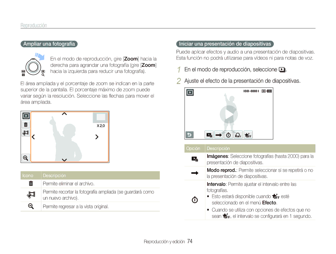 Samsung EC-ST5500BPBE1 manual Ampliar una fotografía, Iniciar una presentación de diapositivas, Permite eliminar el archivo 