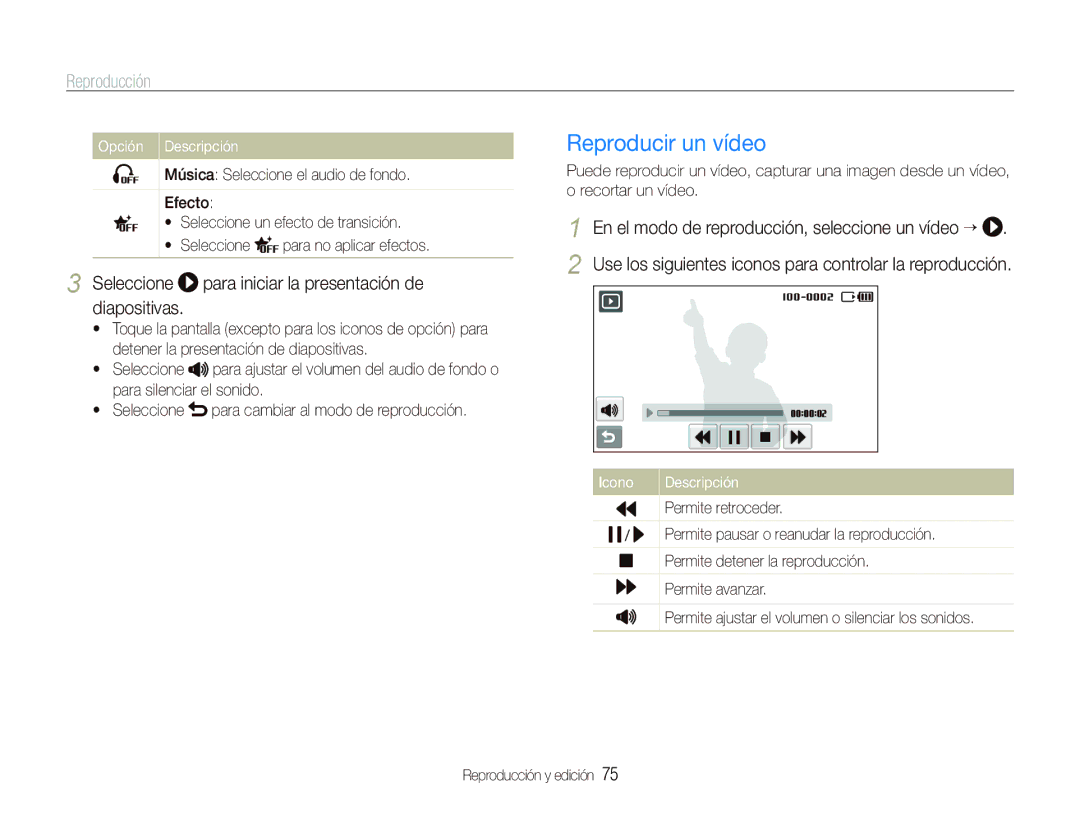 Samsung EC-ST5500BPBE1 Reproducir un vídeo, Seleccione para iniciar la presentación de diapositivas, Permite retroceder 