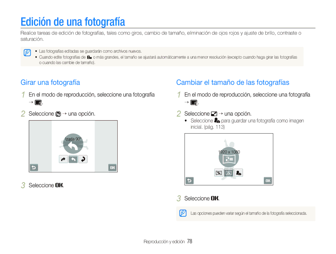 Samsung EC-ST5500BPBE1 Edición de una fotografía, Girar una fotografía Cambiar el tamaño de las fotografías,  Seleccione 