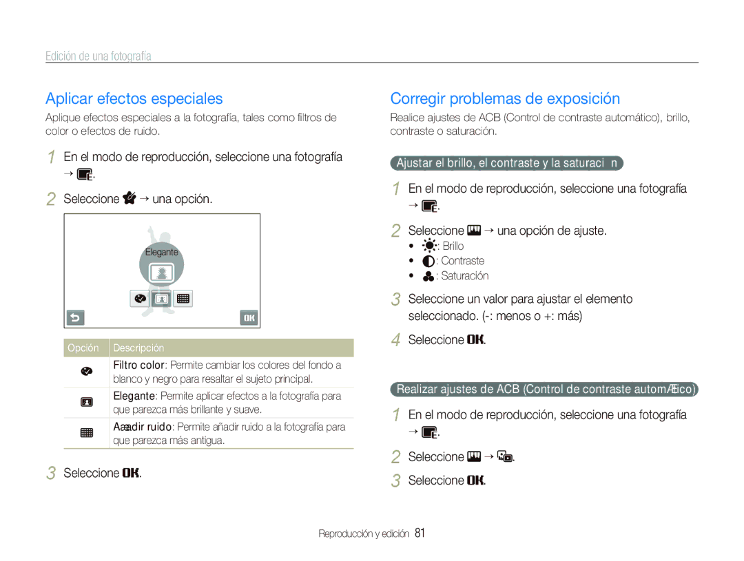 Samsung EC-ST5500BPBE1 manual Aplicar efectos especiales, Corregir problemas de exposición 