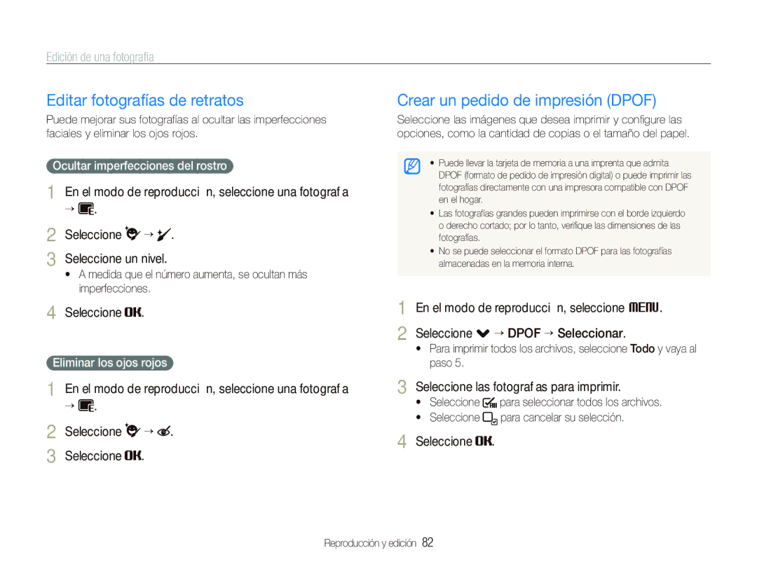 Samsung EC-ST5500BPBE1 manual Editar fotografías de retratos, Crear un pedido de impresión Dpof, Eliminar los ojos rojos 