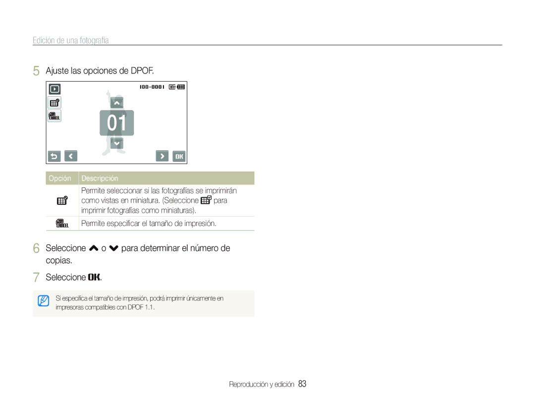 Samsung EC-ST5500BPBE1 manual Ajuste las opciones de Dpof, Seleccione , o . para determinar el número de copias 