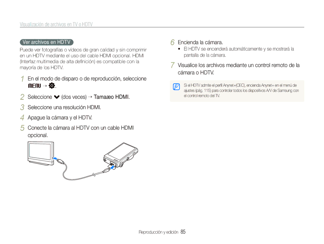 Samsung EC-ST5500BPBE1 manual Visualización de archivos en TV o Hdtv, Ver archivos en Hdtv 