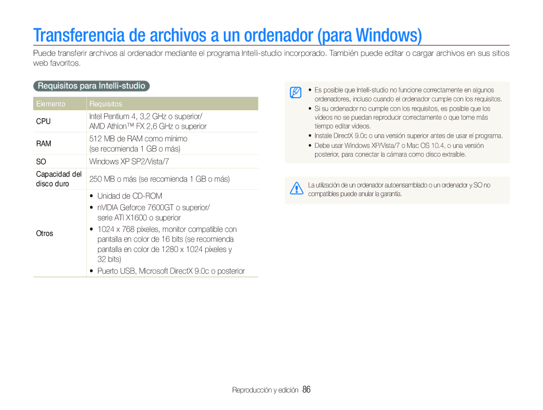 Samsung EC-ST5500BPBE1 manual Transferencia de archivos a un ordenador para Windows, Requisitos para Intelli-studio 