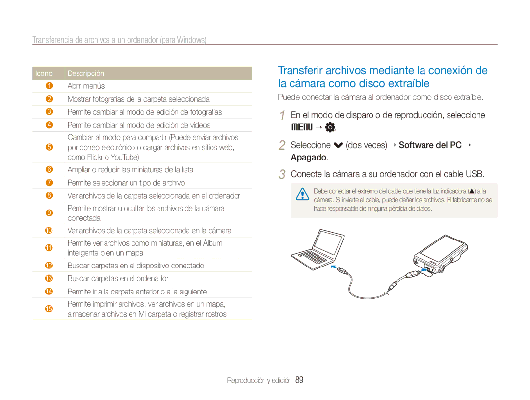 Samsung EC-ST5500BPBE1 manual Icono, Puede conectar la cámara al ordenador como disco extraíble 