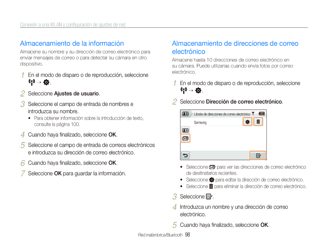 Samsung EC-ST5500BPBE1 manual Almacenamiento de la información, Almacenamiento de direcciones de correo electrónico 
