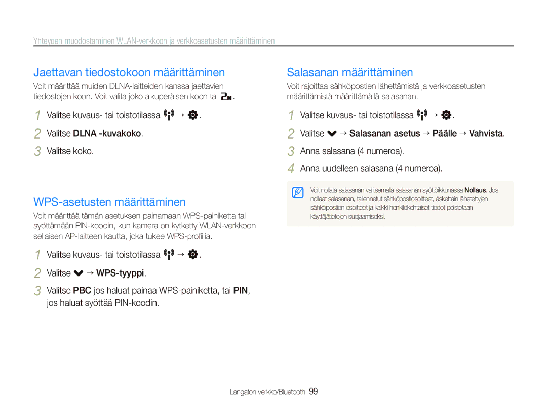 Samsung EC-ST5500BPBE2 manual Jaettavan tiedostokoon määrittäminen, WPS-asetusten määrittäminen, Salasanan määrittäminen 