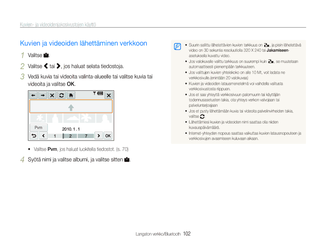 Samsung EC-ST5500BPBE2 manual Kuvien ja videoiden lähettäminen verkkoon, Kuvien- ja videoidenjakosivustojen käyttö 