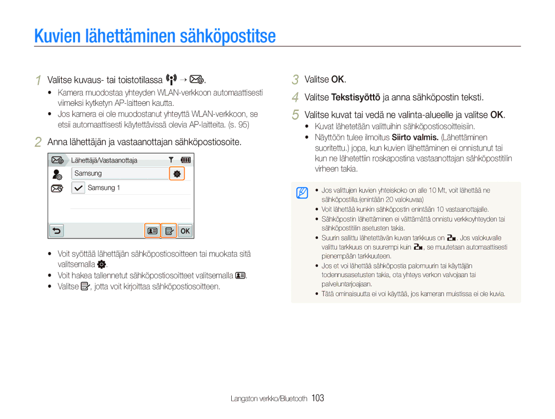 Samsung EC-ST5500BPBE2 manual Kuvien lähettäminen sähköpostitse, Anna lähettäjän ja vastaanottajan sähköpostiosoite 