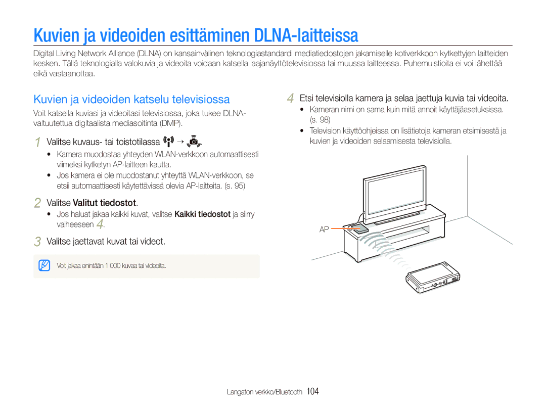 Samsung EC-ST5500BPBE2 manual Kuvien ja videoiden esittäminen DLNA-laitteissa, Kuvien ja videoiden katselu televisiossa 