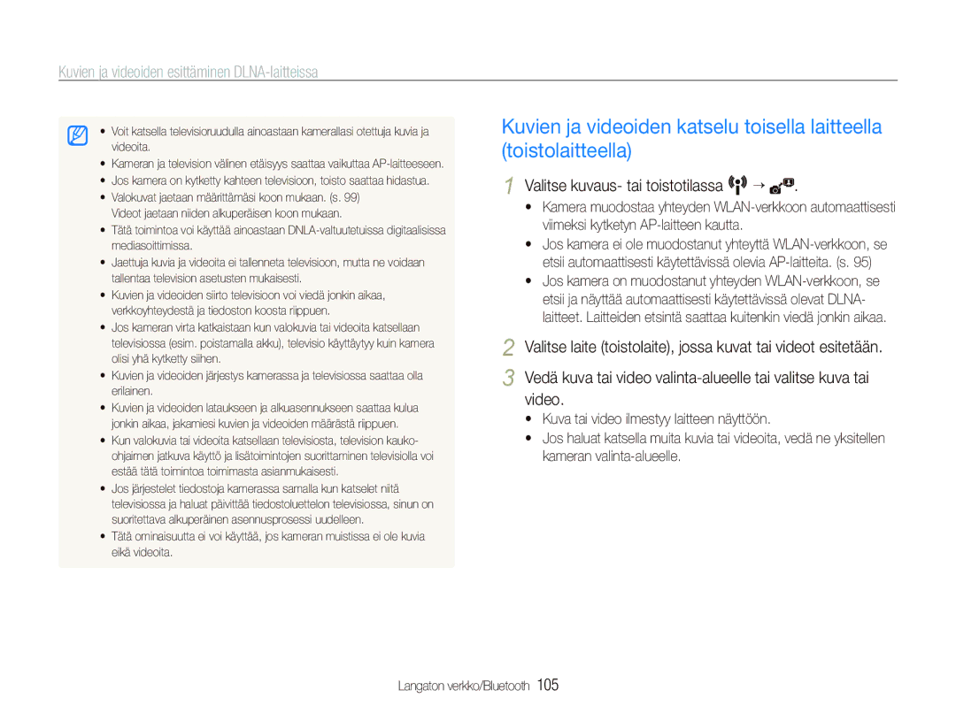 Samsung EC-ST5500BPBE2 manual Kuvien ja videoiden esittäminen DLNA-laitteissa 