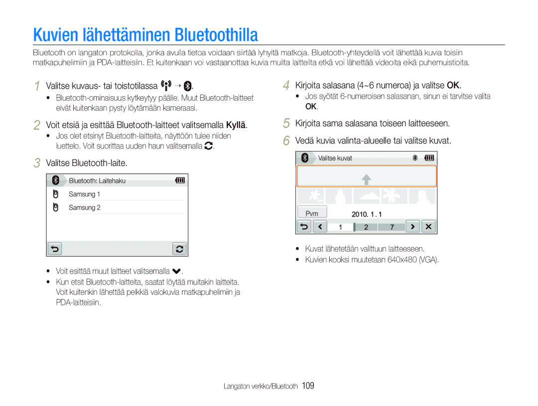 Samsung EC-ST5500BPBE2 manual Kuvien lähettäminen Bluetoothilla, Kirjoita salasana 4~6 numeroa ja valitse OK 