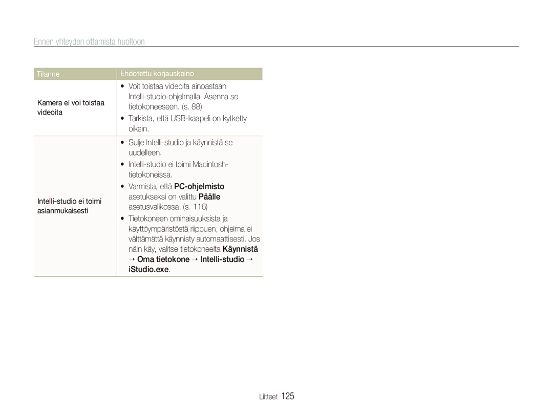 Samsung EC-ST5500BPBE2 manual  Voit toistaa videoita ainoastaan, Intelli-studio-ohjelmalla. Asenna se, Tietokoneeseen. s 