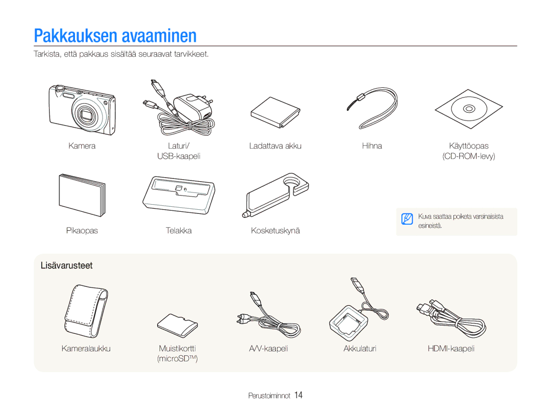 Samsung EC-ST5500BPBE2 manual Pakkauksen avaaminen, Lisävarusteet 