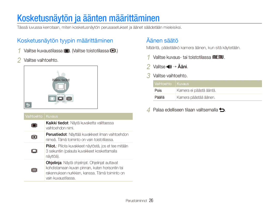 Samsung EC-ST5500BPBE2 manual Kosketusnäytön ja äänten määrittäminen, Kosketusnäytön tyypin määrittäminen, Äänen säätö 