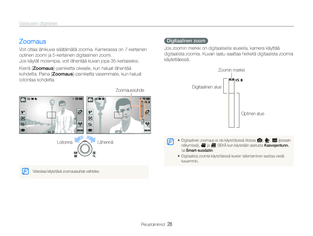 Samsung EC-ST5500BPBE2 manual Zoomaus, Valokuvien ottaminen, Digitaalinen zoom 