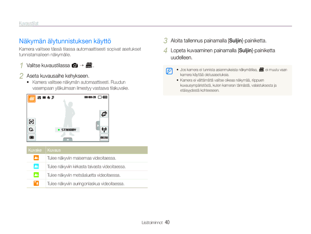 Samsung EC-ST5500BPBE2 manual Näkymän älytunnistuksen käyttö, Valitse kuvaustilassa a “ D Aseta kuvausaihe kehykseen 