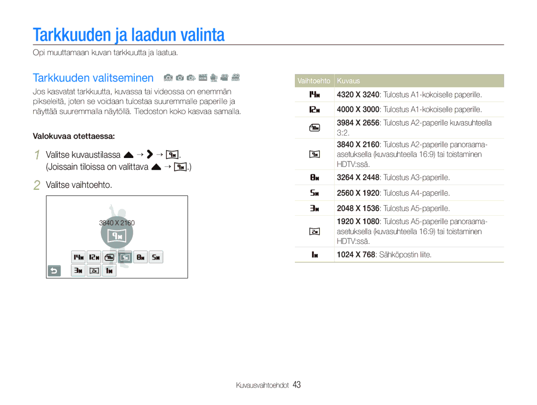 Samsung EC-ST5500BPBE2 manual Tarkkuuden ja laadun valinta, Tarkkuuden valitseminen S a p s d v D, Valokuvaa otettaessa 