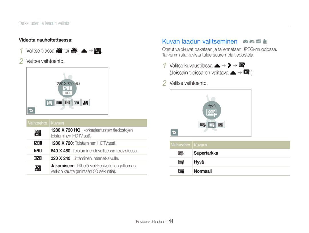 Samsung EC-ST5500BPBE2 manual Kuvan laadun valitseminen a p s d, Tarkkuuden ja laadun valinta, Videota nauhoitettaessa 