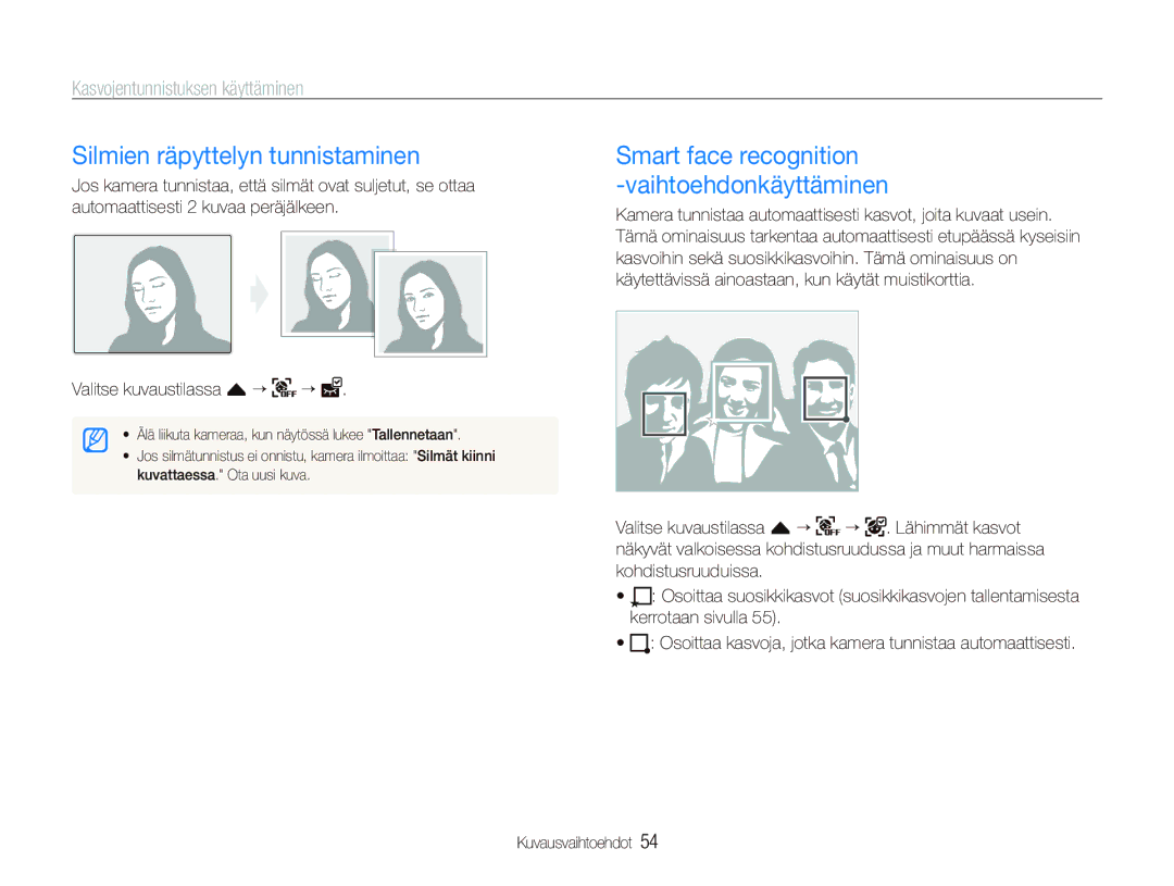 Samsung EC-ST5500BPBE2 manual Silmien räpyttelyn tunnistaminen, Smart face recognition Vaihtoehdonkäyttäminen 