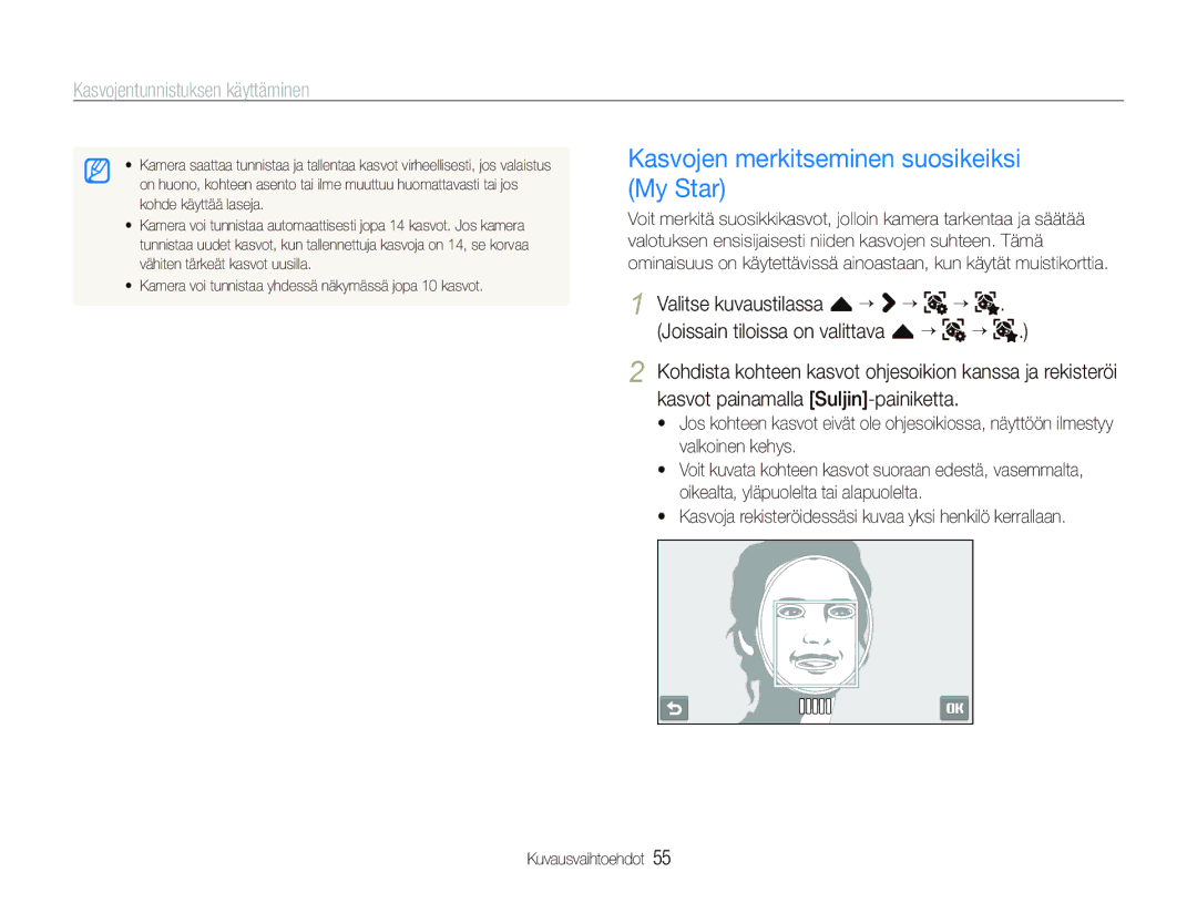 Samsung EC-ST5500BPBE2 manual Kasvojen merkitseminen suosikeiksi My Star 