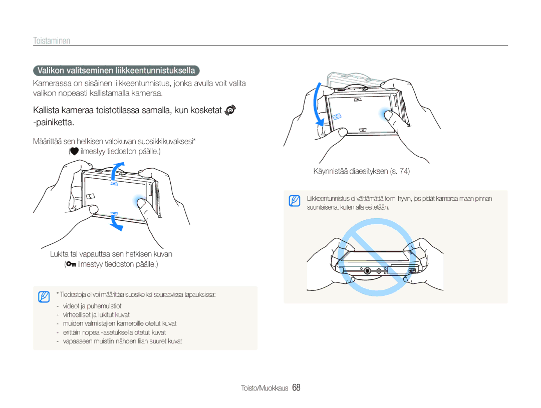 Samsung EC-ST5500BPBE2 manual Toistaminen, Valikon valitseminen liikkeentunnistuksella, Käynnistää diaesityksen s 