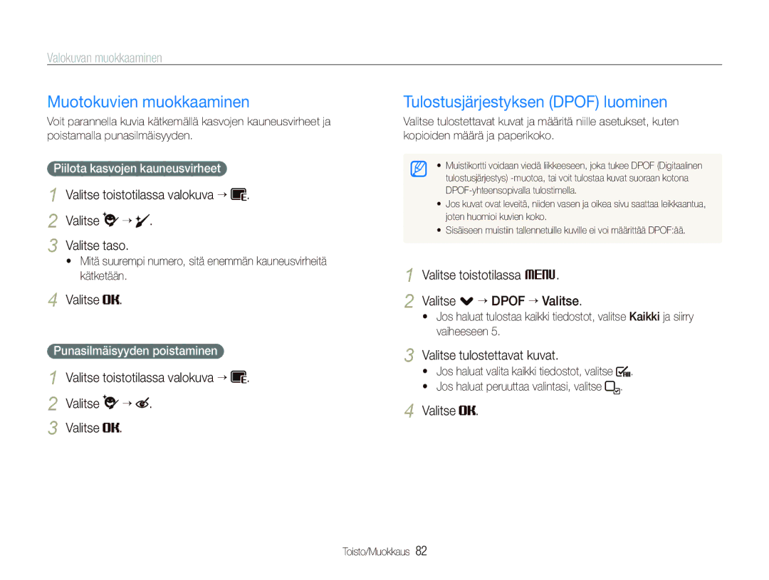 Samsung EC-ST5500BPBE2 manual Muotokuvien muokkaaminen, Tulostusjärjestyksen Dpof luominen, Valitse tulostettavat kuvat 