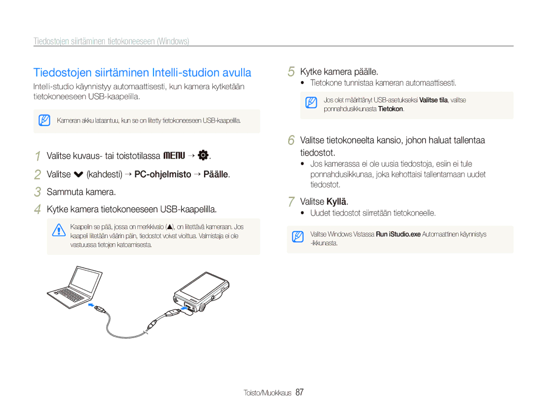 Samsung EC-ST5500BPBE2 Tiedostojen siirtäminen Intelli-studion avulla, Tiedostojen siirtäminen tietokoneeseen Windows 