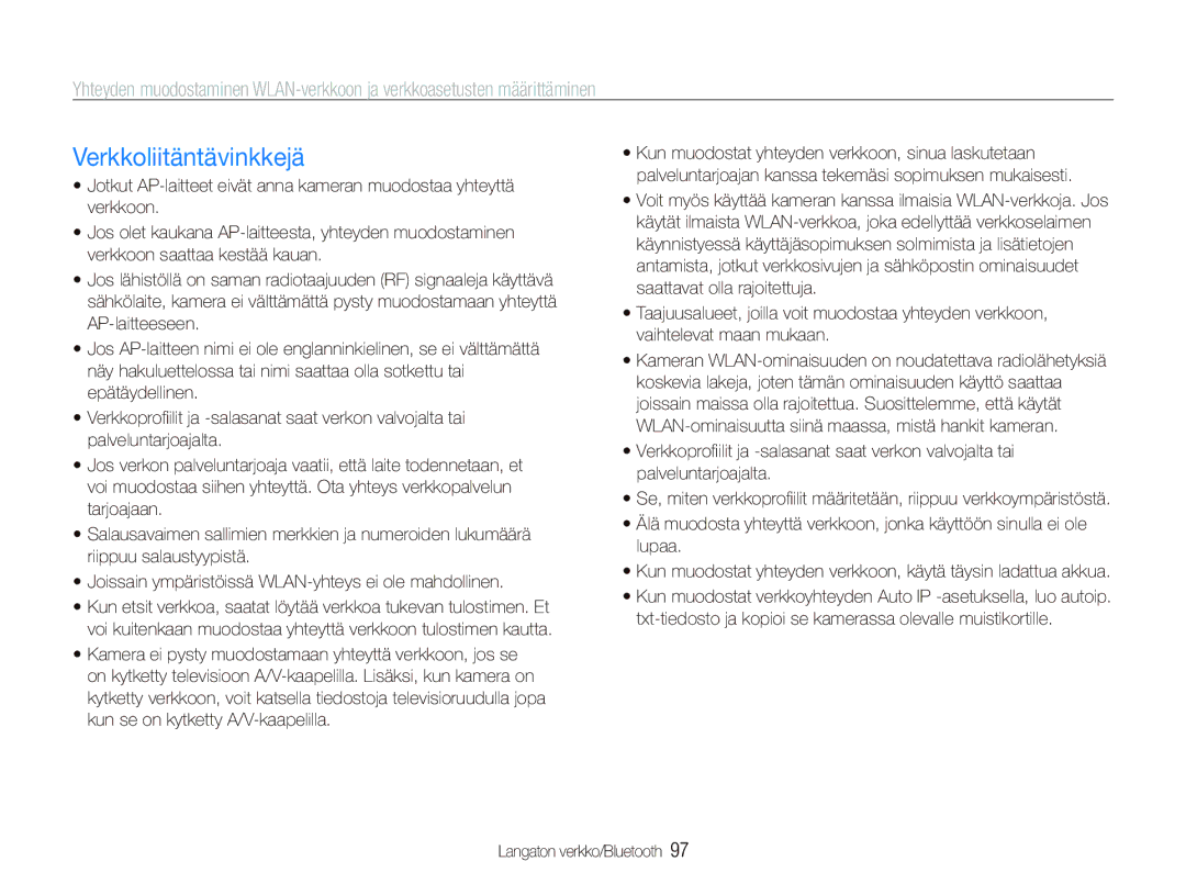 Samsung EC-ST5500BPBE2 manual Verkkoliitäntävinkkejä, Lupaa 