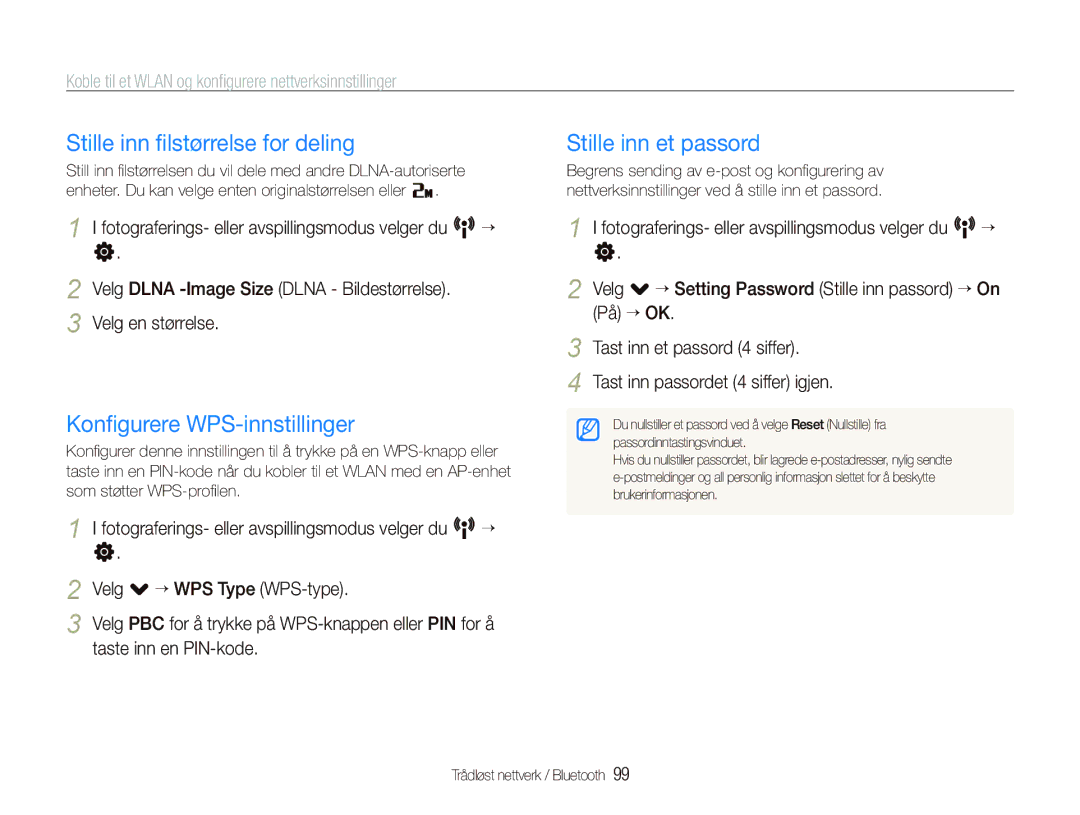 Samsung EC-ST5500BPBE2 manual Stille inn ﬁlstørrelse for deling, Konﬁgurere WPS-innstillinger, Stille inn et passord 