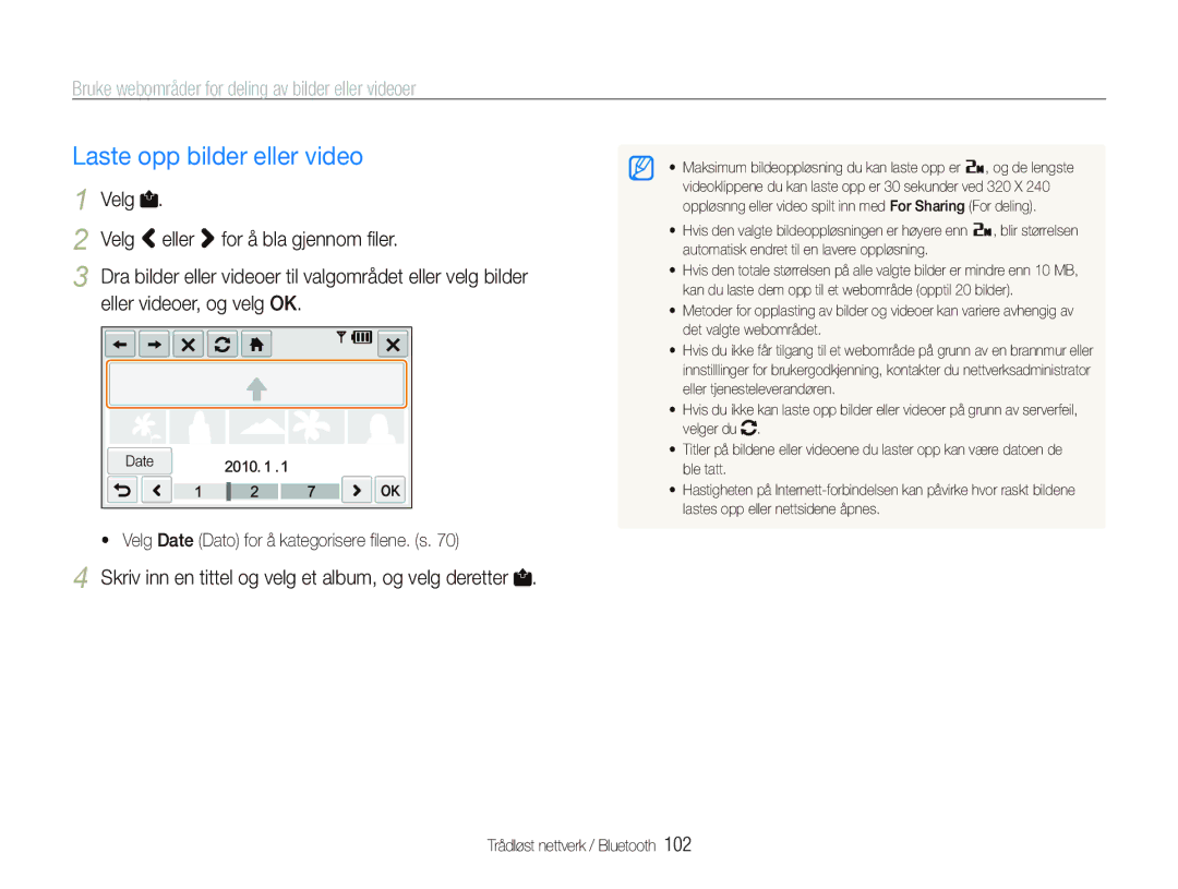 Samsung EC-ST5500BPBE2 manual Laste opp bilder eller video 1 Velg, Bruke webområder for deling av bilder eller videoer 