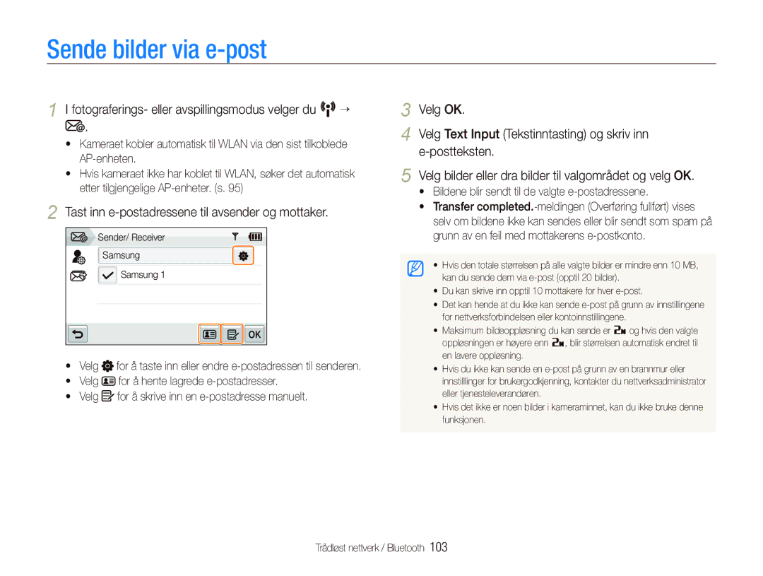 Samsung EC-ST5500BPBE2 manual Sende bilder via e-post, Tast inn e-postadressene til avsender og mottaker 