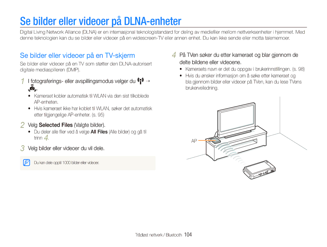 Samsung EC-ST5500BPBE2 manual Se bilder eller videoer på DLNA-enheter, Se bilder eller videoer på en TV-skjerm 