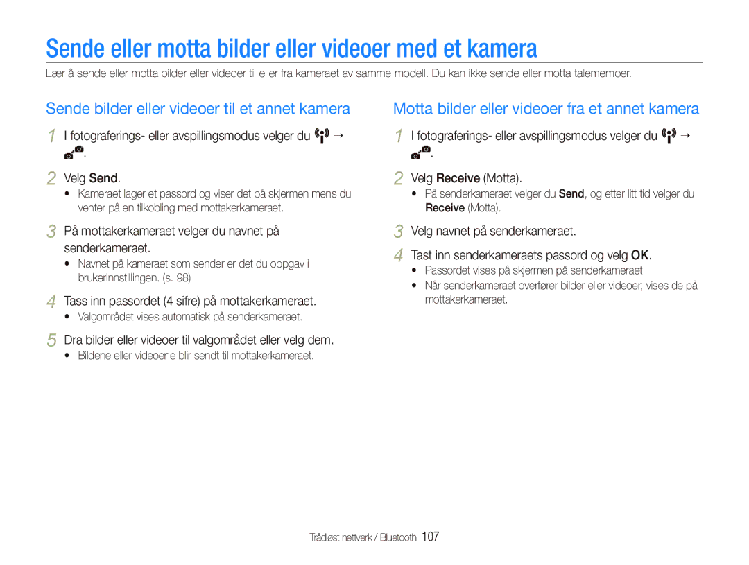 Samsung EC-ST5500BPBE2 manual Sende eller motta bilder eller videoer med et kamera 