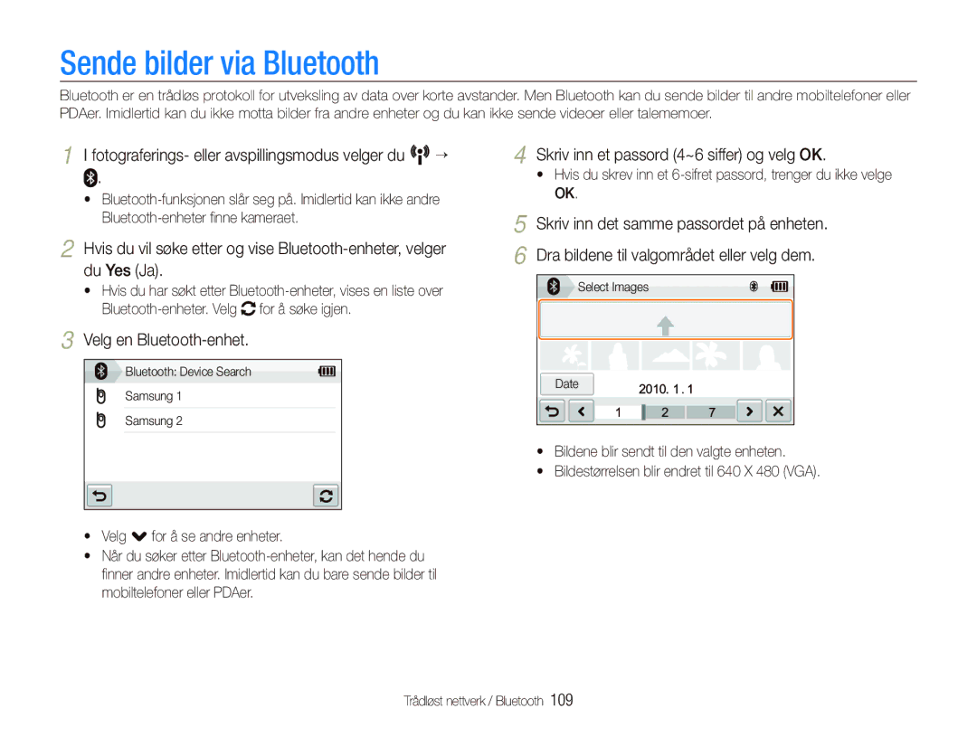 Samsung EC-ST5500BPBE2 Sende bilder via Bluetooth, Velg en Bluetooth-enhet, Skriv inn et passord 4~6 siffer og velg OK 