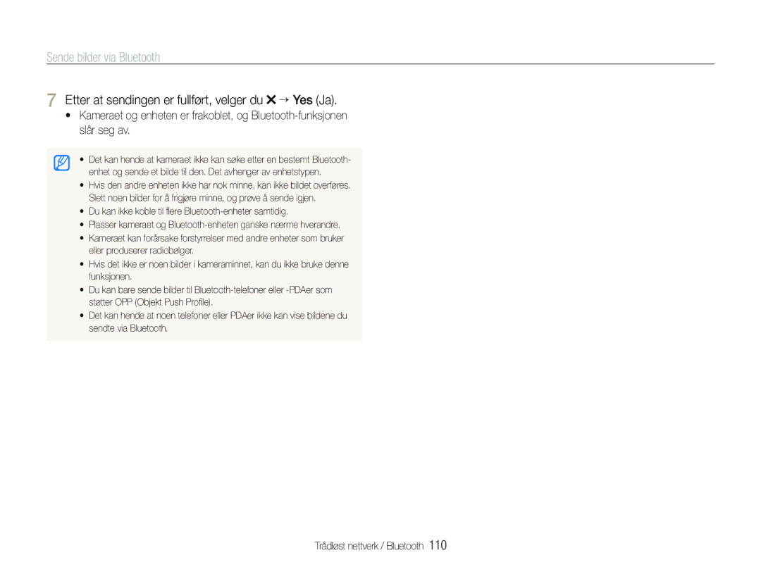Samsung EC-ST5500BPBE2 manual Sende bilder via Bluetooth, Etter at sendingen er fullført, velger du “ Yes Ja 